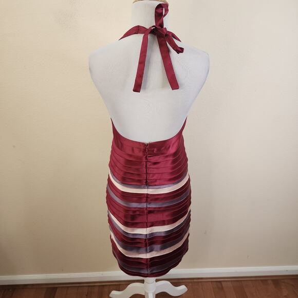 BCBG MAXAZRIA SATIN RUFFLE LAYERED HALTER DRESS SIZE 4 BURGUNDY GRAY BODYCON - Picture 4 of 13